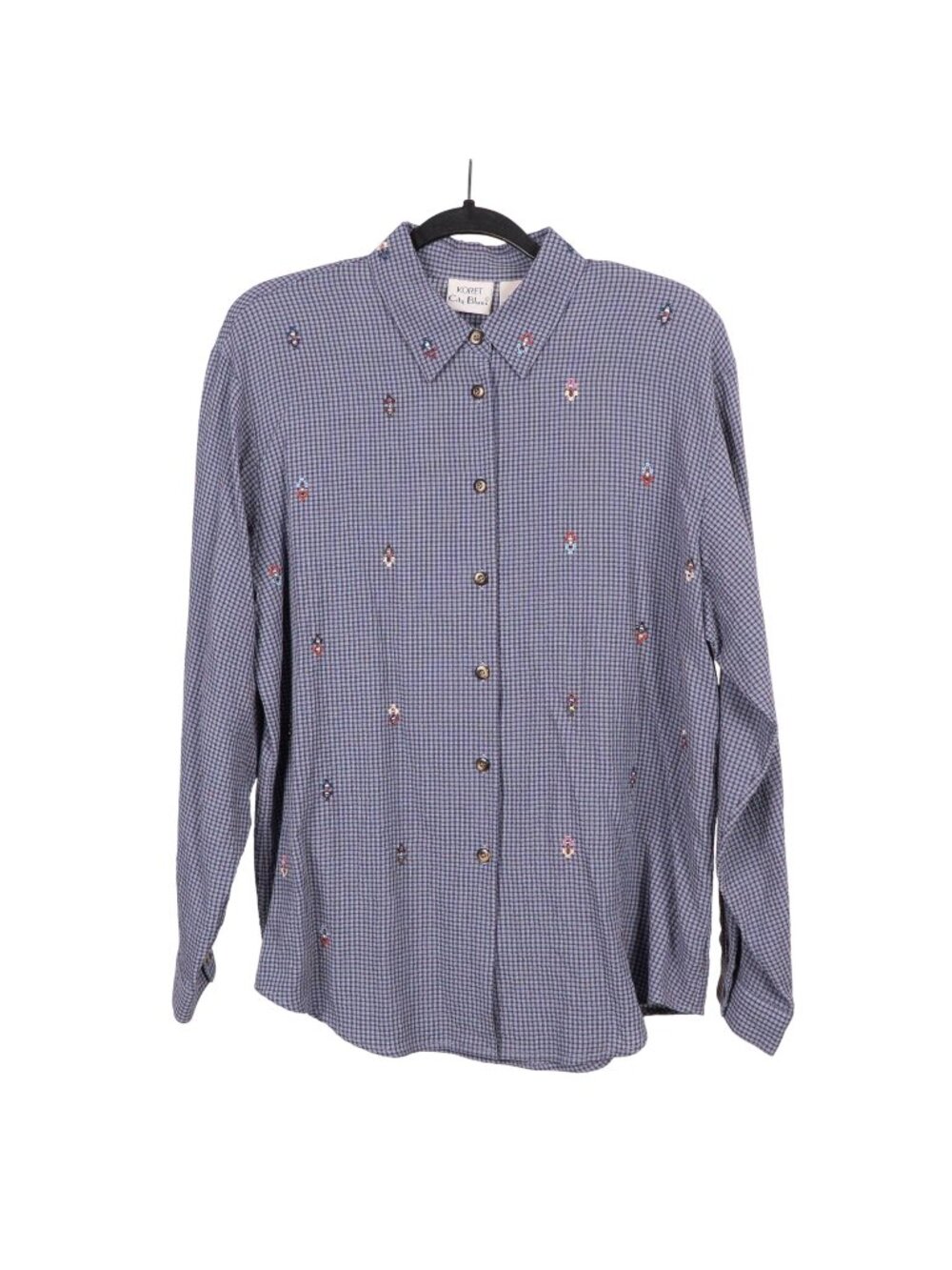 Koret City Blues VTG 90s Button Up Shirt M Womens Embroidered Gingham Blue